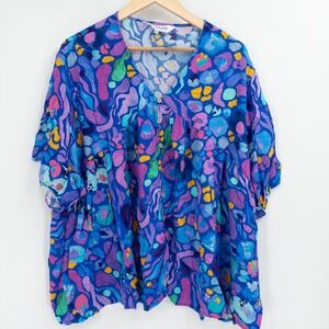 Proud Poppy Top Women 16‎ Blue Abstract Button Front Babydoll Dopamine Dressing